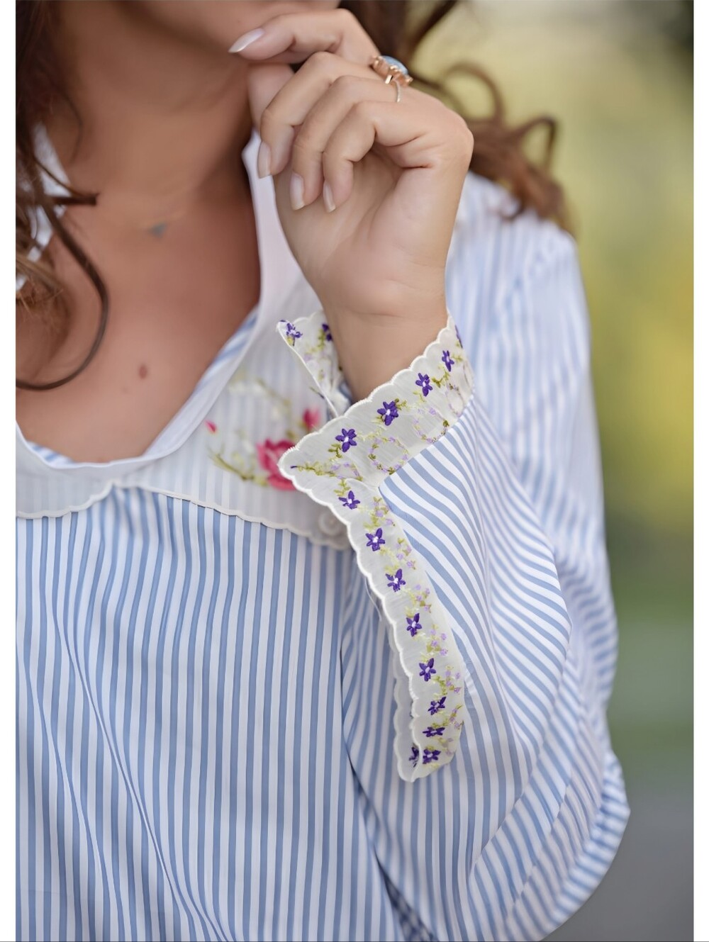Tory Burch Embroidered Floral Striped Cotton Blue White Handkerchief Top, 6